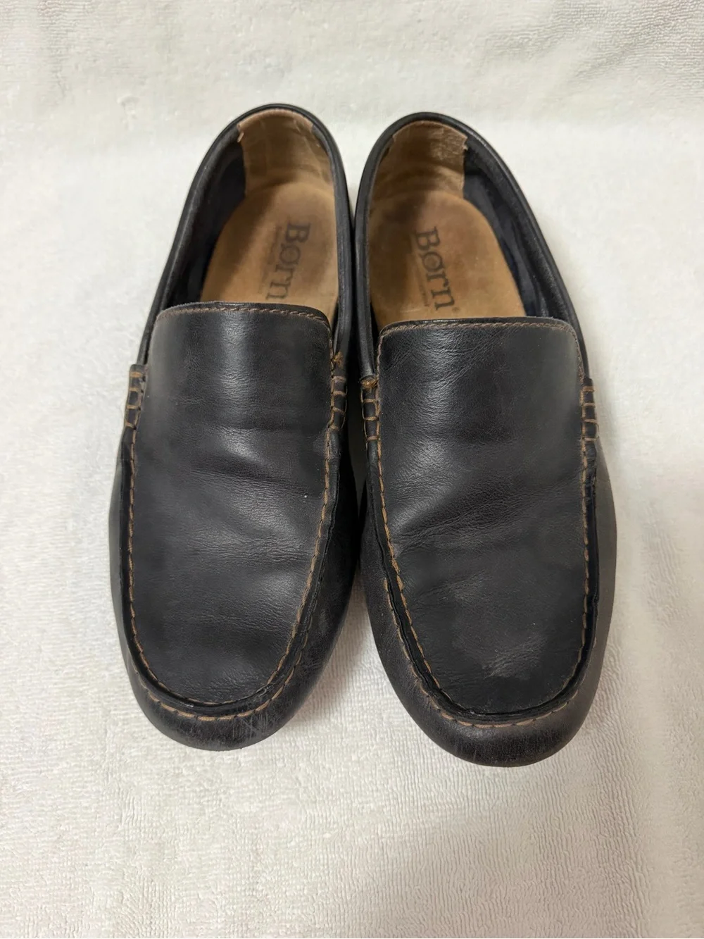Born Blue Leather Slip-On Loafers with Brown Stitching